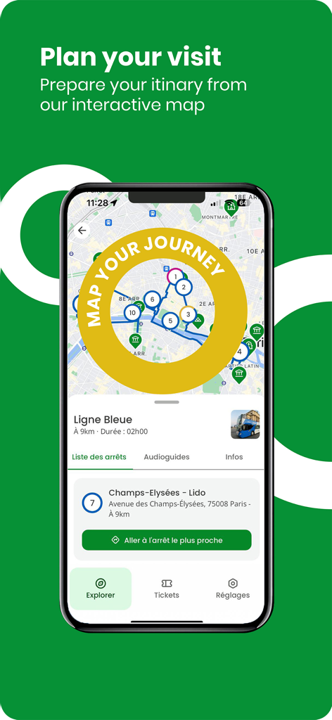 Tootbus – City guide - Interface de l'application Tootbus montrant une carte interactive de Paris avec les itinéraires et les arrêts de bus pour la planification de voyage
