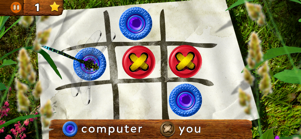A tic-tac-toe game played with blue and red buttons featuring a dragonfly on a paper grid.