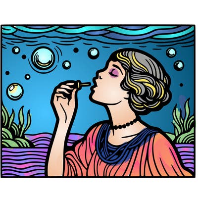 pop art style woman blowing a bubble underwater
