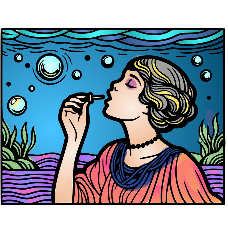 pop art style woman blowing a bubble underwater