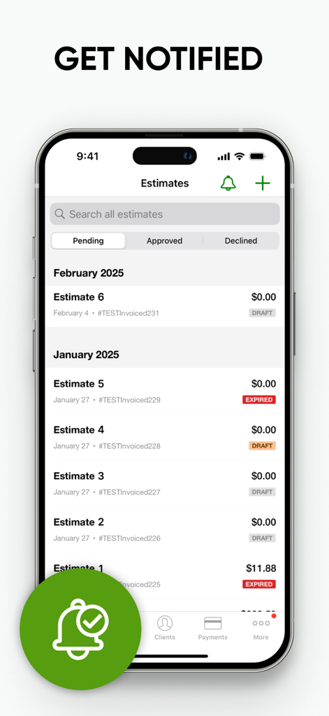 Joist: Estimate Invoice Maker - Joist app interface showing estimate management and notification alerts for contractors
