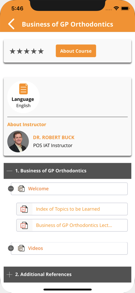 SmileStream: Dentistry - Pantalla de la aplicación SmileStream que muestra el plan de estudios y la información del instructor del curso 'Business of GP Orthodontics'