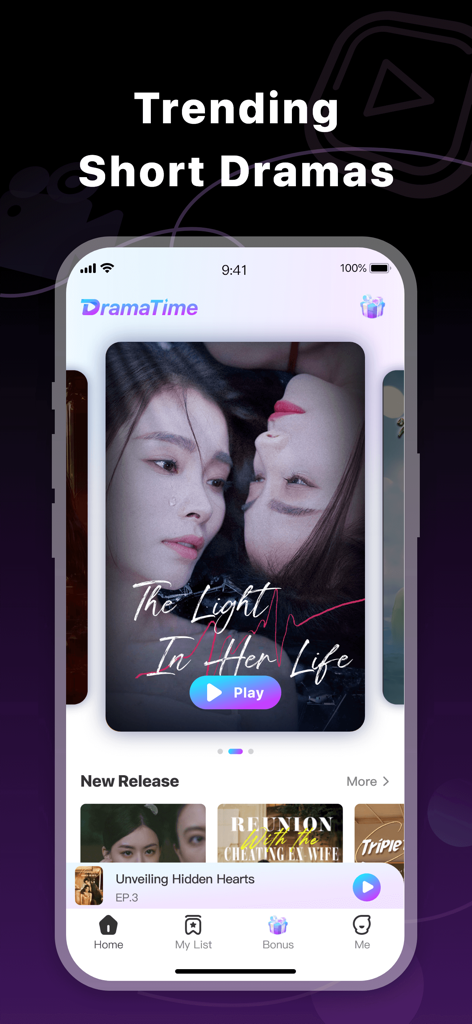 DramaTime: Watch Mini Dramas - Smartphone screen displaying the DramaTime app with trending short vertical dramas