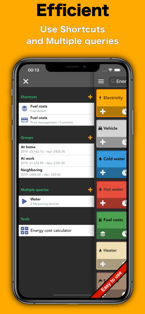 iPhone screen displaying the Energy Tracker app interface with shortcuts for fuel costs and utility categories like electricity and water