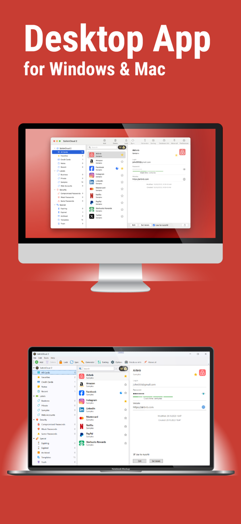 SafeInCloud 1 - SafeInCloud Passwort-Manager Desktop-Anwendungsoberfläche auf einem Mac und einem Windows-Computer angezeigt