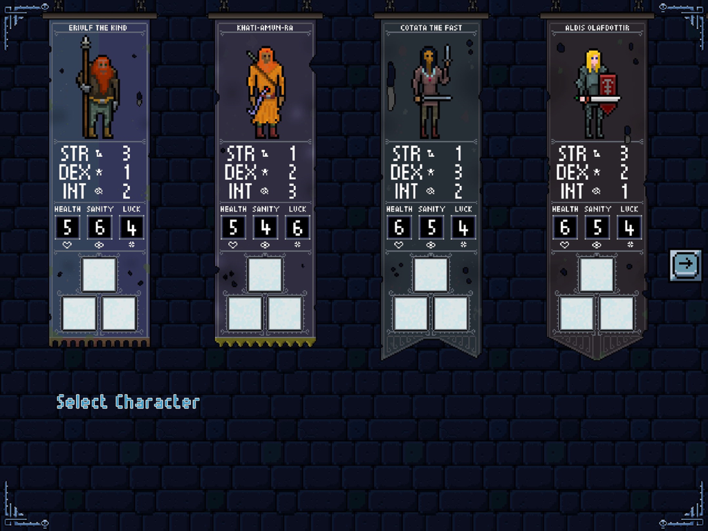 Tower Of The Ice Lich - Pantalla de selección de personajes en Tower Of The Ice Lich con cuatro héroes únicos con sus estadísticas y atributos de RPG.