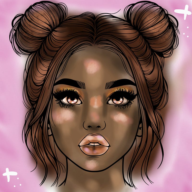 realistic girl with two buns on her hair and lips