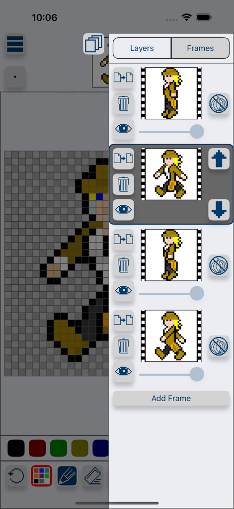 Interface of Sprite Creator showing pixel art animation frames for a character walk cycle.