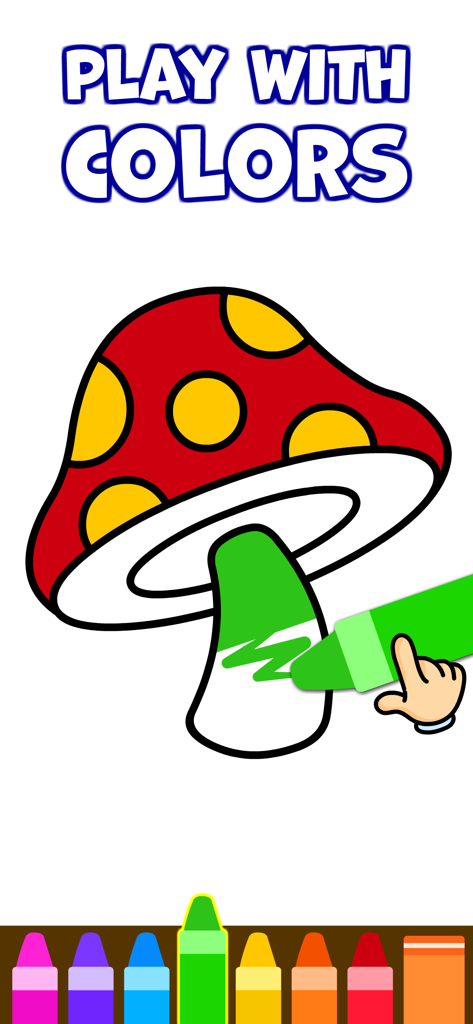 Bambino che colora un fungo con un pastello verde in un'app educativa