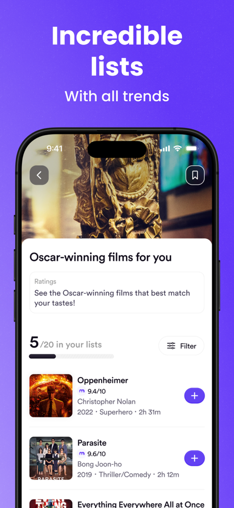 Pantalla de la aplicación Memorizer que muestra una lista seleccionada de películas ganadoras del Oscar, incluyendo Oppenheimer y Parasite