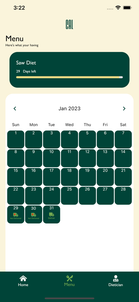 CAL - كال - Calendario mensual de entrega de comidas y progreso del plan de dieta en la aplicación de salud y fitness CAL