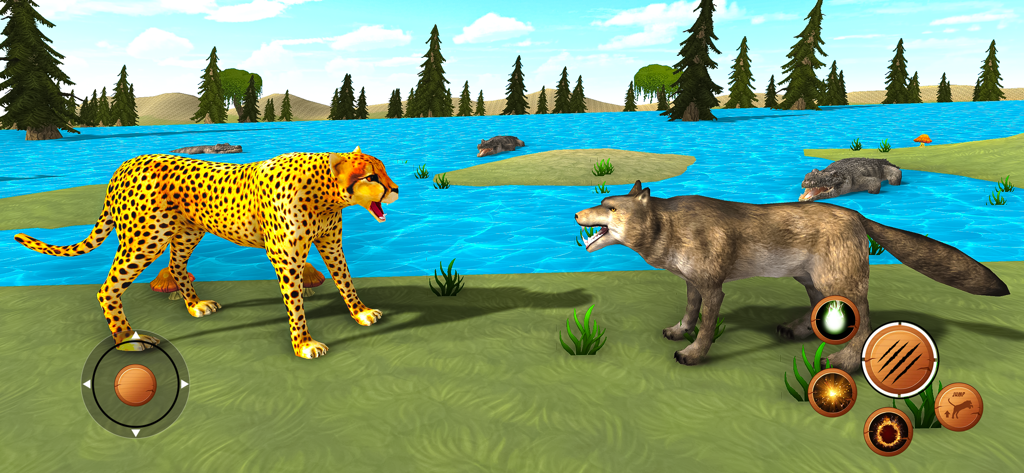 A wolf facing off against a cheetah in a wild animal simulation game environment near a river.