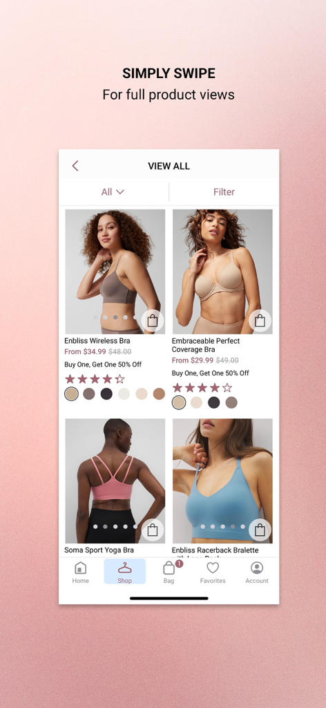 Interface do aplicativo móvel Soma Intimates exibindo um catálogo de produtos com vários estilos de sutiã, preços e opções de cores.