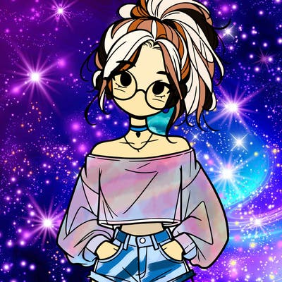 girl with a messy ponytail glasses a baggy crop top and jean shorts