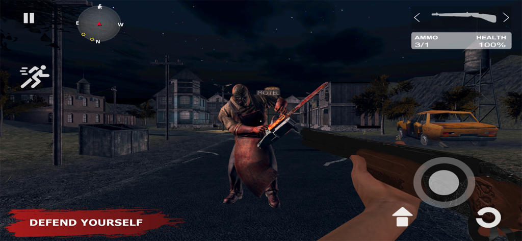 Vista en primera persona de un jugador sosteniendo una escopeta frente a un monstruo con una motosierra por la noche