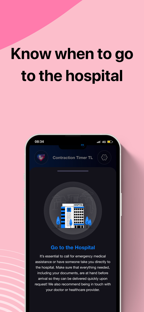 Contraction Timer · - Aplicación Contraction Timer que muestra una notificación en tiempo real para ir al hospital para el parto.