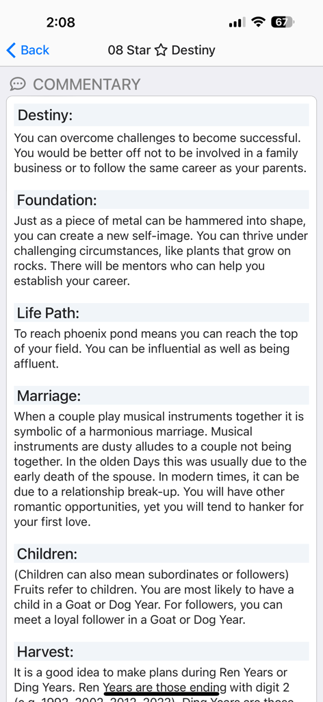 A screenshot of the Destiny Stars Astrology app showing personalized readings for life aspects like destiny career marriage and children.