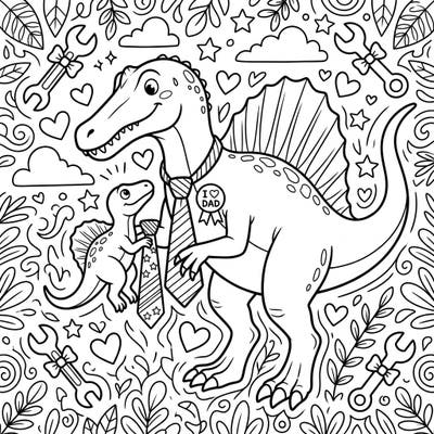 Celebrate Father's Day with this heartwarming coloring page featuring a proud Spinosaurus dad and his little one. Perfect for dinosaur lovers, this design captures the special bond between father and child.