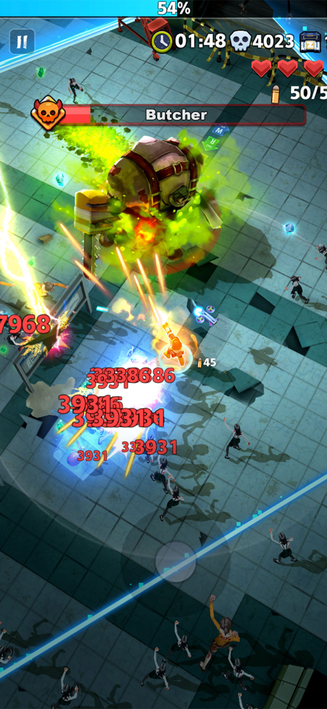 Zombie Waves-shooting game - Ein Charakter in Zombie Waves nutzt mächtige Fähigkeiten, um auf einen großen Metzger-Boss zu schießen, der von einer Zombie-Horde und schwebenden Schadenszahlen umgeben ist.