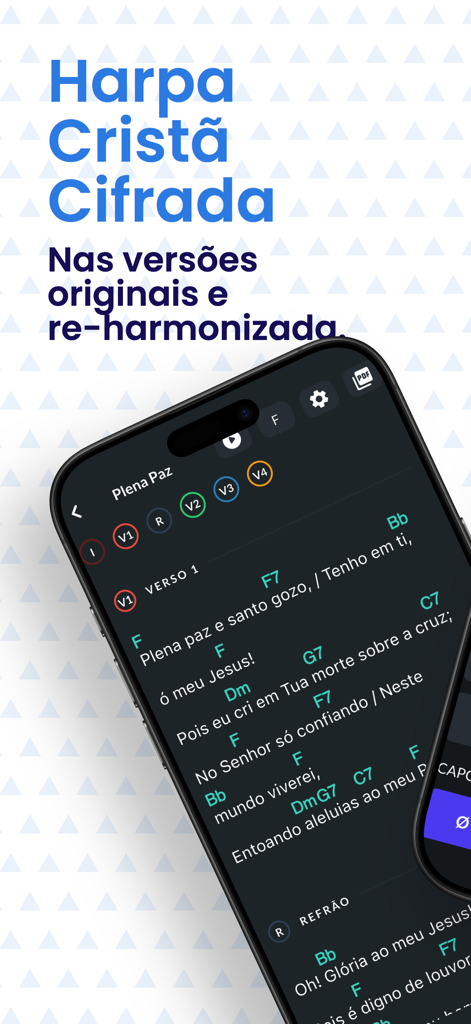 Harpa Cristã Cifrada (PRO) - Uma tela de smartphone exibindo o aplicativo Harpa Cristã Cifrada PRO com letras em português e acordes musicais para um hino cristão