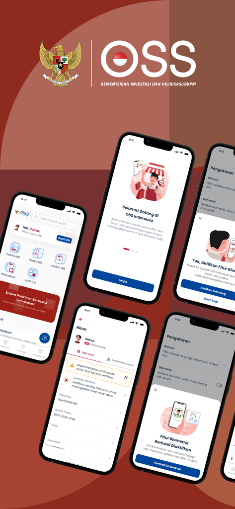 OSSインドネシアモバイルアプリのスクリーンショット。複数のスマートフォン画面に事業ライセンス機能とアカウント設定が表示されています。