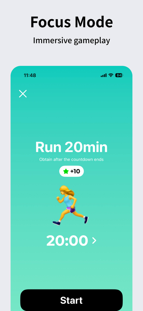 FrogCount - Habit Tracker - FrogCount app focus mode screen for a 20 minute run habit showing star rewards and a timer