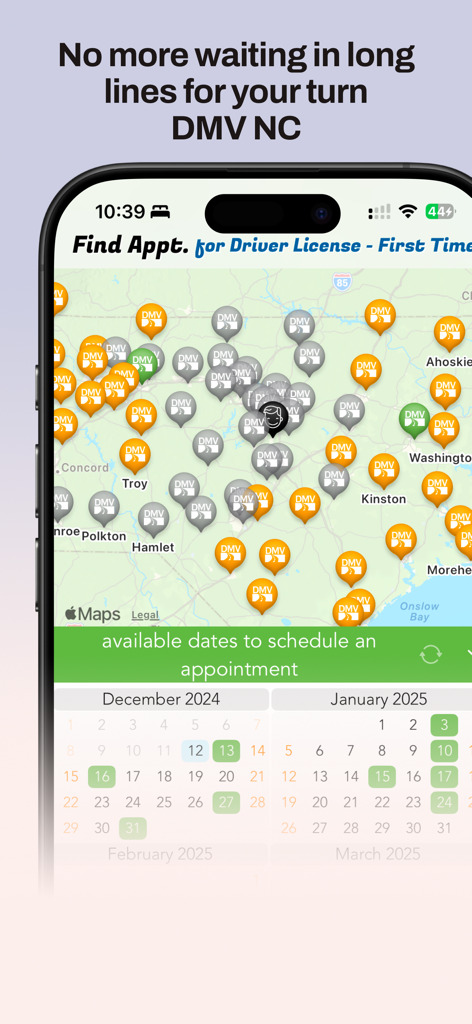 Pantalla de la aplicación Cita DMV NC que muestra un mapa de Carolina del Norte con ubicaciones del DMV y un calendario para reservar citas.