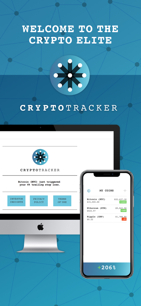 Crypto Tracker & Portfolio - Interfaz de la aplicación Rastreador de Criptomonedas y Portafolio mostrada en un smartphone y una computadora de escritorio, con precios de criptomonedas y alertas de stop-loss.