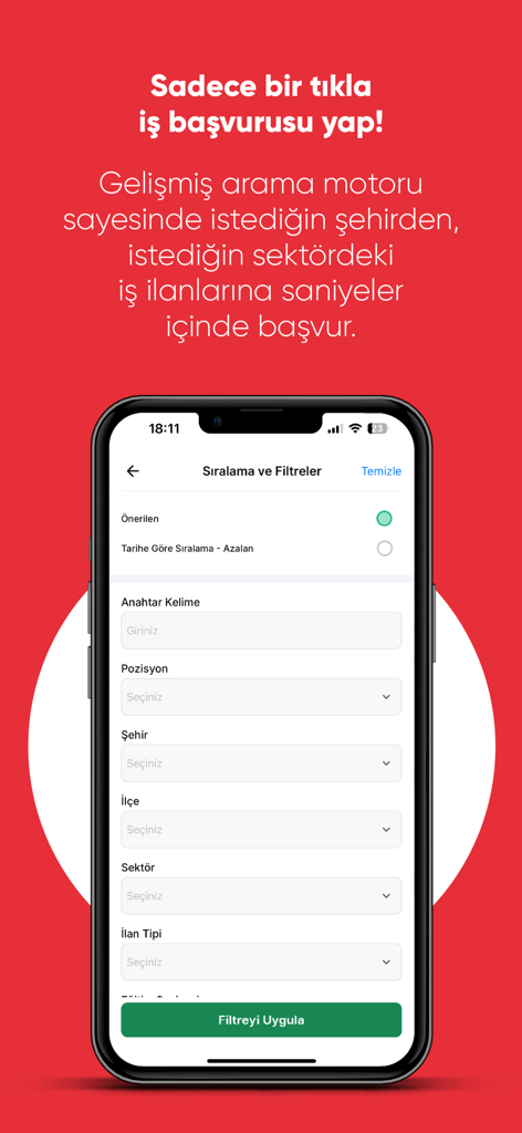 Secretcv - İş İlanı Ara & Bul - Secretcv app interface showing job search filters for position city and sector in Turkish
