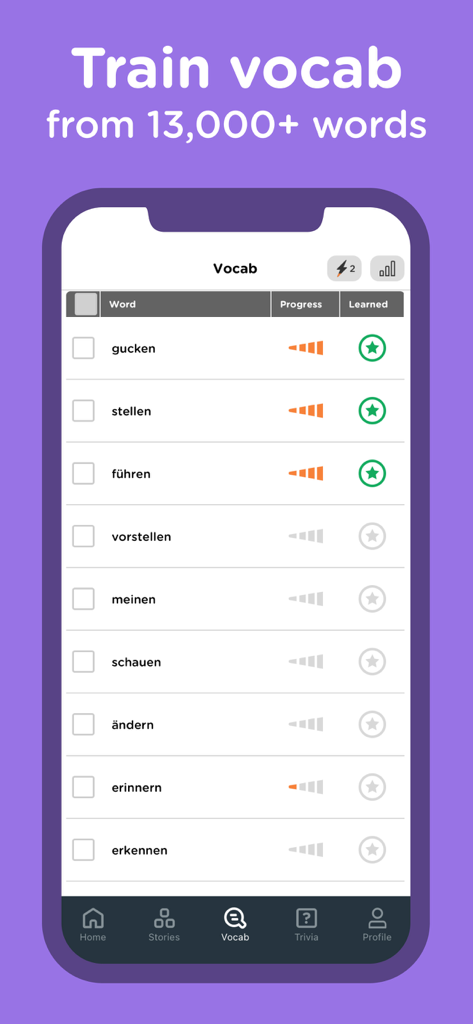 Seedlang app interface showing a list of German words with progress bars and learned status.