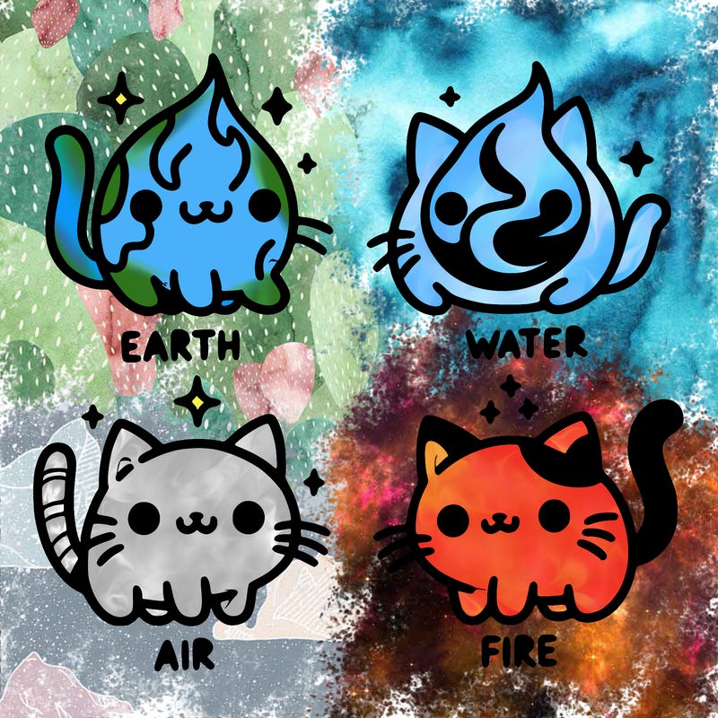 4 cats that represent the different elements, earth, water, air, and fire