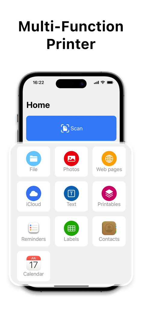 Smart Printer App ゜ - Pantalla de inicio de la App Impresora Inteligente mostrando funciones para escanear e imprimir archivos, fotos, páginas web y documentos de iCloud
