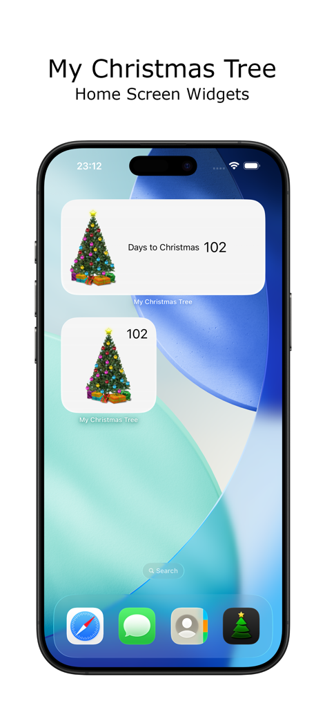 iPhone home screen displaying customized Christmas tree and countdown widgets