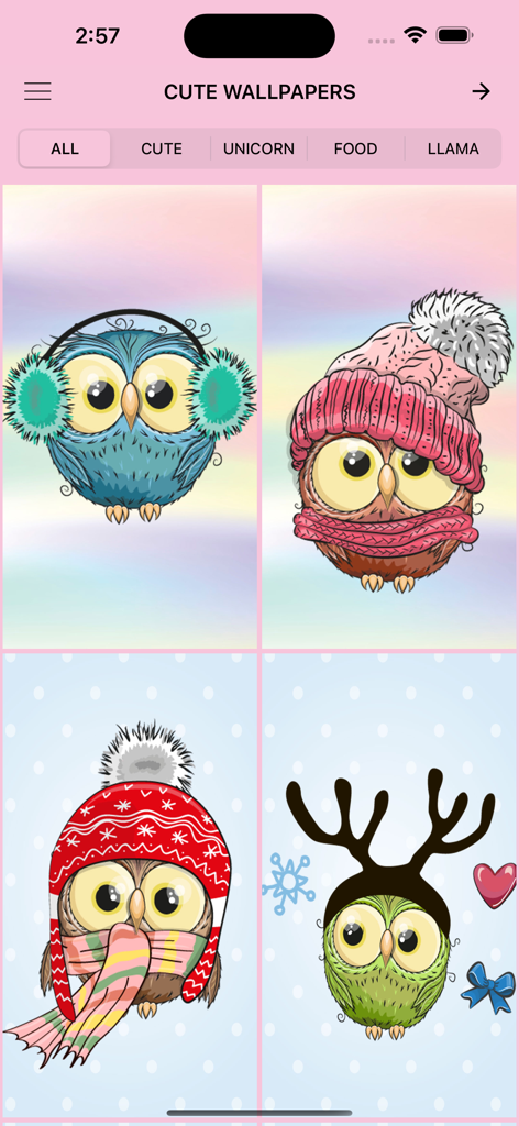 Cute Wallpapers Background - Kawaii owl character wallpapers displayed in a mobile app gallery.