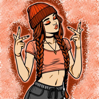 realistic teenage girl with braids and a beanie and crop top doing 🫶🏼