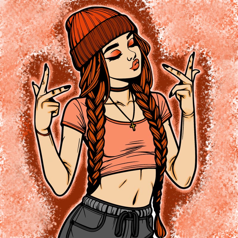 realistic teenage girl with braids and a beanie and crop top doing 🫶🏼