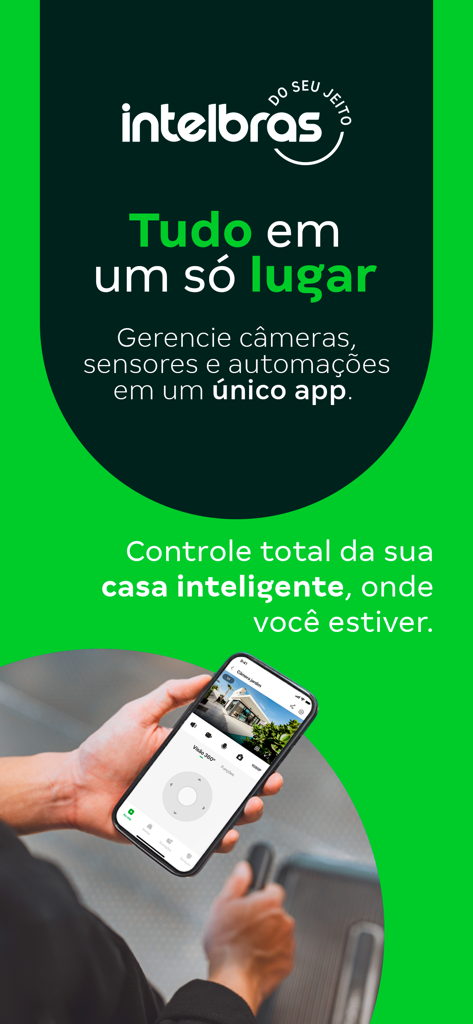 Mibo Smart: Casa Inteligente - A person holding a smartphone displaying the Mibo Smart app interface for managing home security cameras and smart devices.