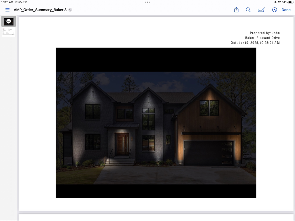 AMP® LIGHTING VISUALIZER - A professional architectural lighting design proposal showing a nightscape rendering of a modern home facade.
