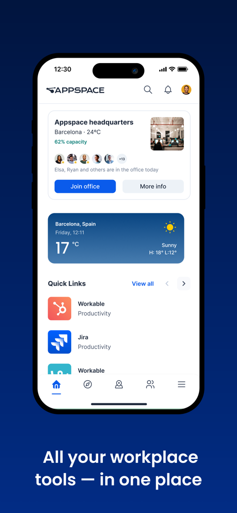 Appspace - Appspace app dashboard with office booking information and quick links to work tools