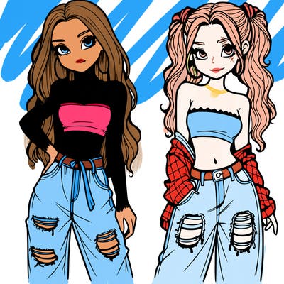 2 girls in crop tops and baggy jeans ripped