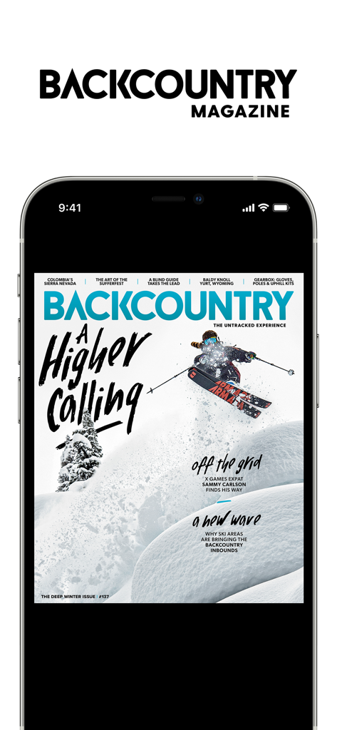Digitale Titelseite des Backcountry Magazine auf einem Smartphone-Bildschirm, die einen Backcountry-Skifahrer in tiefem Pulverschnee zeigt