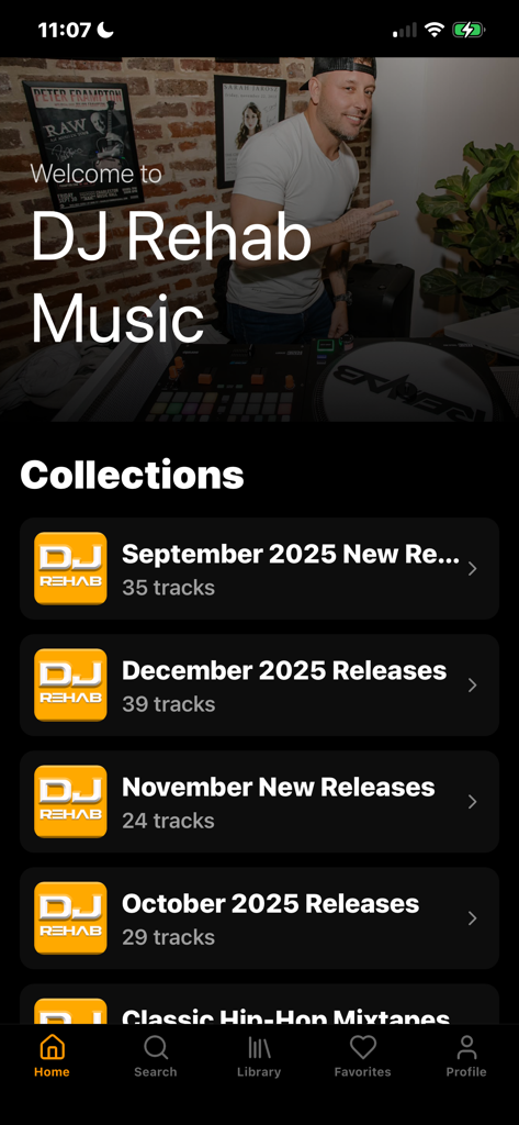 DJ Rehab Music - Home screen of the DJ Rehab Music app displaying various mixtape collections