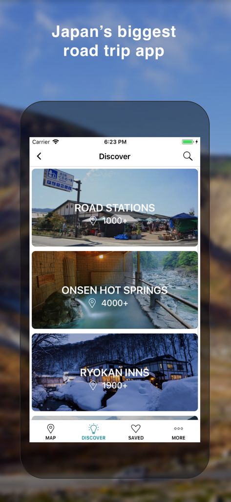 Michi Japan Road Guide Offline - Michi Japan road trip app discover screen showing categories for road stations, onsen hot springs, and ryokan inns