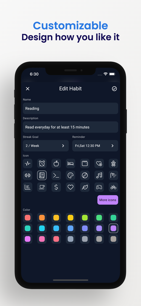 Habit Tracker - HabitKit - Une interface mobile de l'application HabitKit montrant l'écran de modification d'habitude avec diverses options de personnalisation d'icônes et de couleurs.