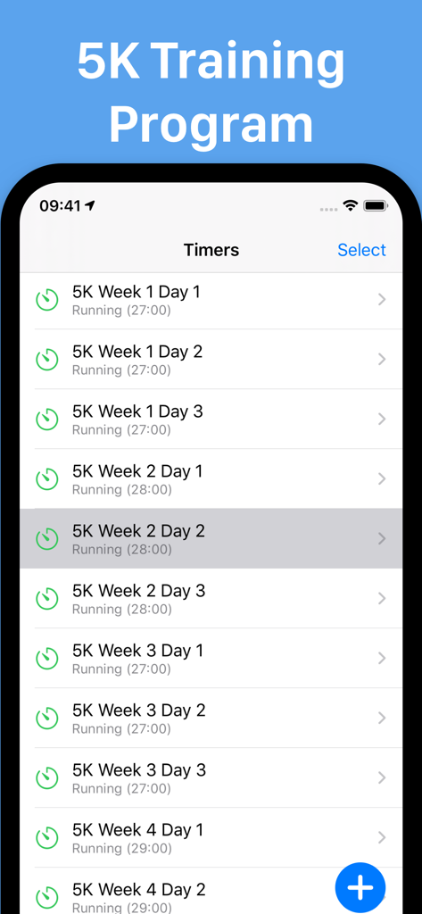 Intervals Pro: HIIT Timer - List of scheduled 5K training timers in the Intervals Pro app.