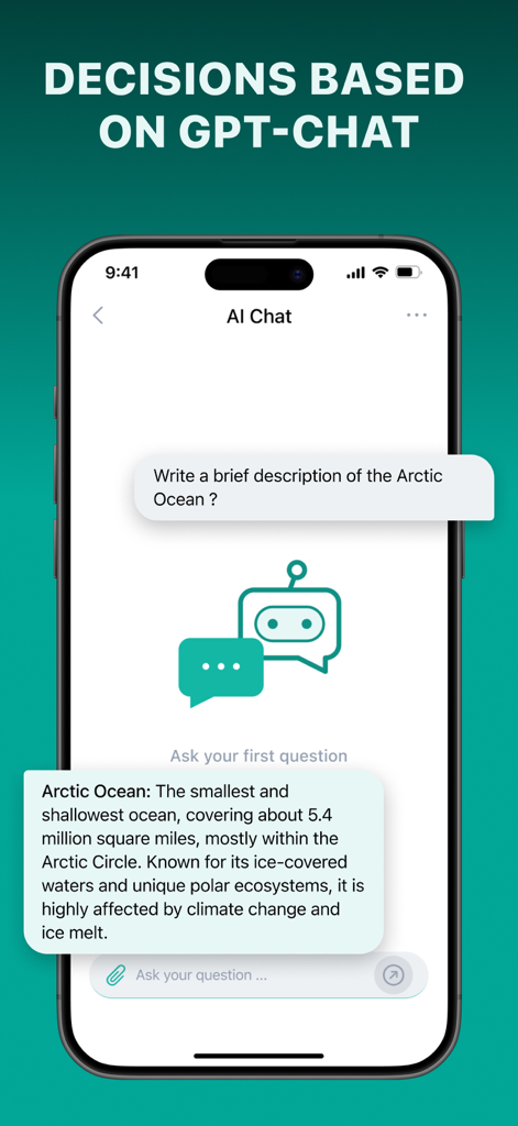 Homework Solver Chat AI Helper - Interfaz de chat IA en la aplicación Solucionador de Tareas mostrando una descripción del Océano Ártico generada por GPT