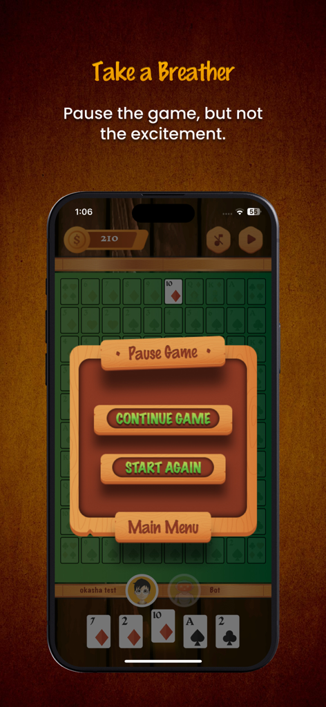 Pantalla del menú de pausa de Sequence Royale que muestra las opciones de continuar y empezar de nuevo.