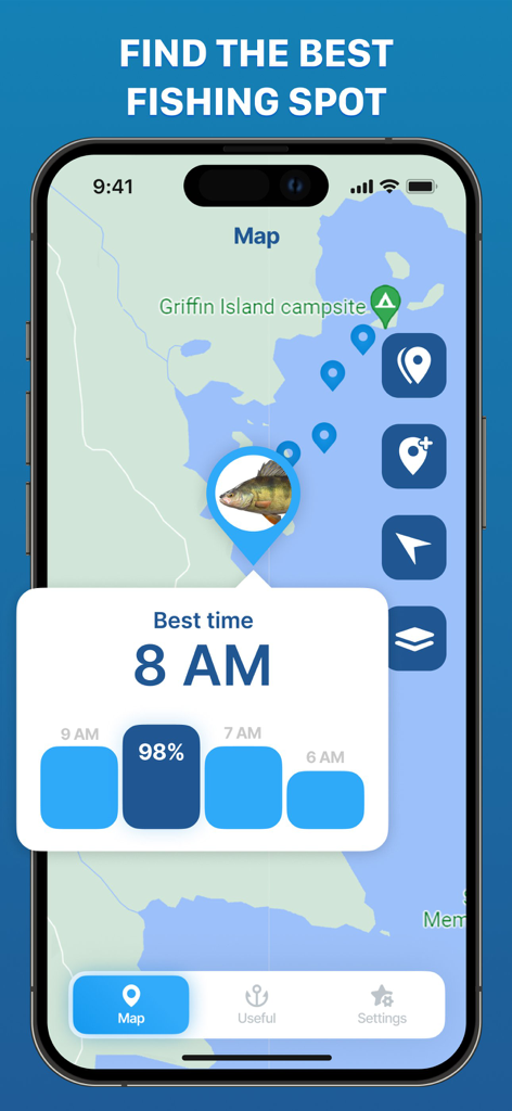 Fishing App : Fish Finder - Fishing App Fish Finder map interface showing local fishing spots and optimal fishing time forecast