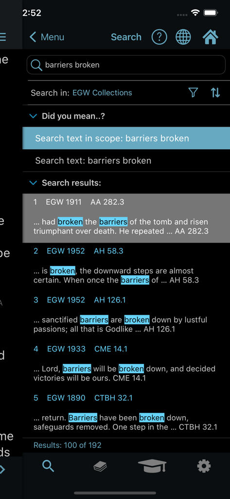 EGW Writings 2 - Interface de busca do aplicativo EGW Writings 2 mostrando resultados de palavras-chave de publicações de Ellen White