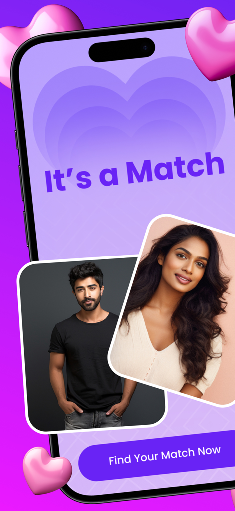 A successful match notification on the Dil Mil dating app showing a South Asian man and woman